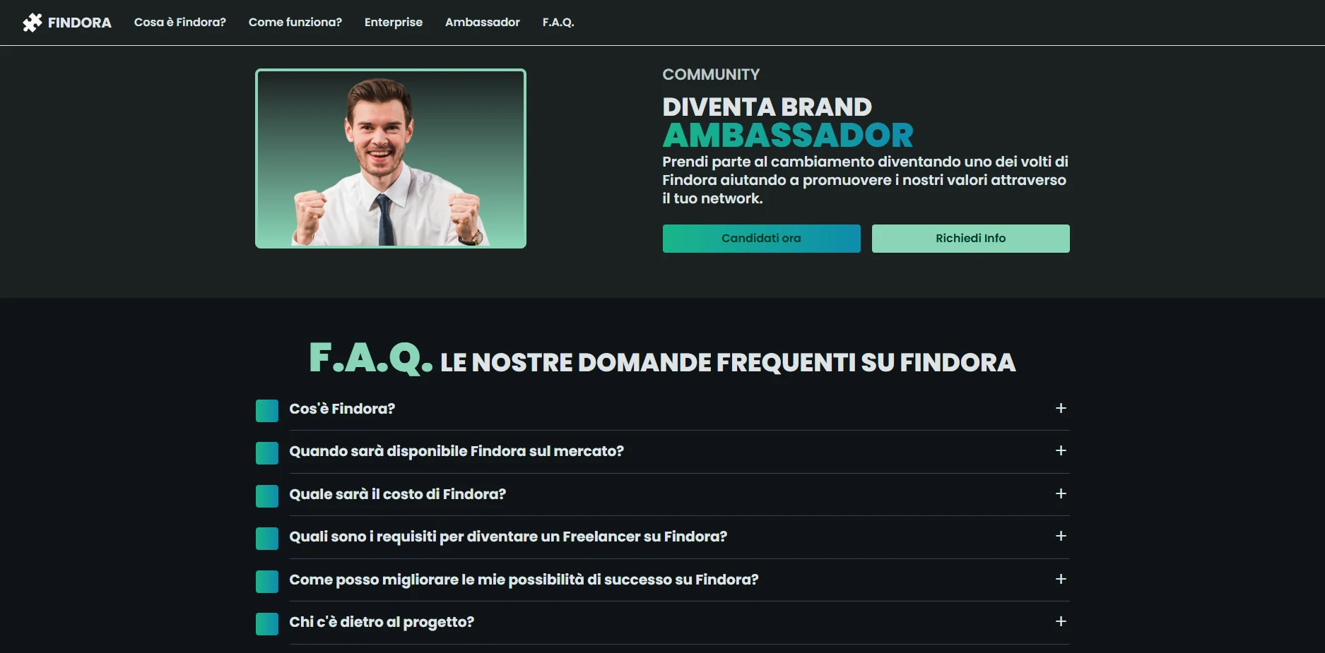 Sezioni Ambassador e domande frequenti della landing page